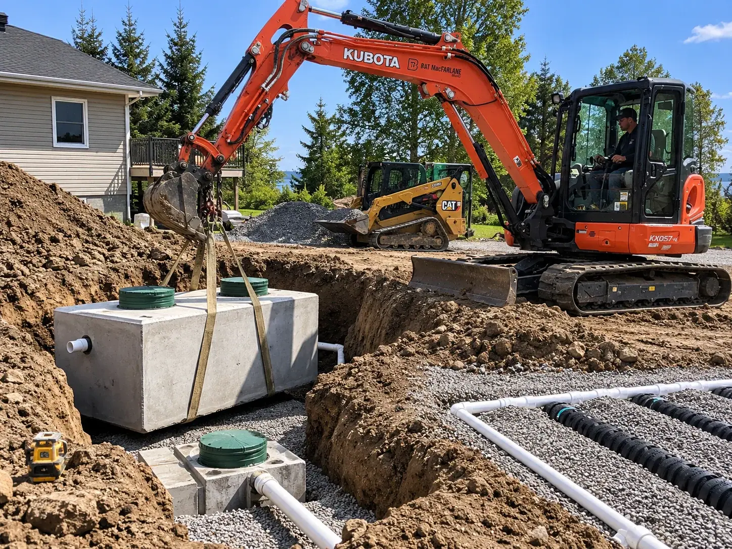 AI-generated illustration of a septic system installation with an orange excavator